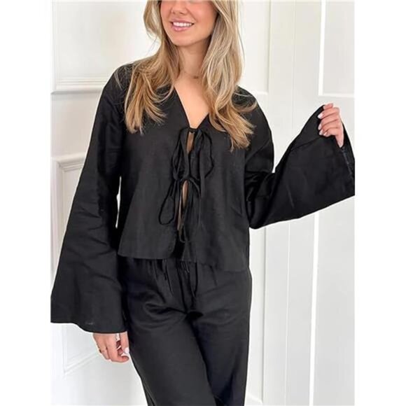 🌿 Women’s Lace-Up V-Neck Linen Shirt – Long Flare Sleeve Tie Front Crop Top - Picture 3 of 7